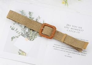 Detail of woven straw elastic belt with brown square buckle and wood grain texture