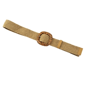 Women's woven straw belt in khaki with a leopard print buckle for bohemian dresses