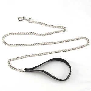 Detail of silver metal chain leash with spring hook and black leather handle loop