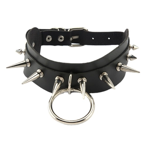 Punk black PU leather choker with sharp silver spikes and a large metal center ring
