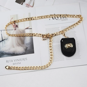 Hip-Hop Goldene Kettengürtel mit kleiner schwarzer Ledertasche für modische Outfit-Dekorationen