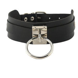 Punk black PU leather choker necklace with large silver metal O-ring and adjustable buckle