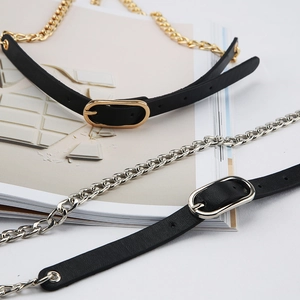 Cintura sottile hip hop in pelle con catene in oro e argento e fibbia ovale per jeans
