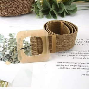 Bohemian straw woven waist belt for women featuring a large square amber resin buckle
