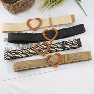 Women Woven Belt Plastic Straw Style Vintage Ethnic Heart Buckle Elastic Waistband For Dress Beach Casual Decorative Accessory