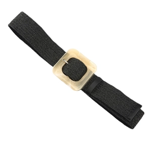 Elastic black woven straw belt for women featuring a vintage resin square buckle