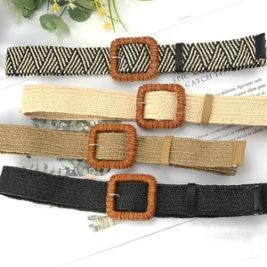 Bohemian Woven Waist Belt For Women Square Buckle Straw PP Elastic Belt Retro Ethnic Style Belt For Dress Casual Pant