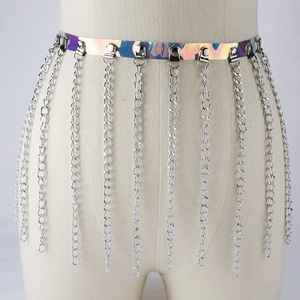Ceinture chaîne de corps holographique en cuir PU avec pompons métalliques argentés
