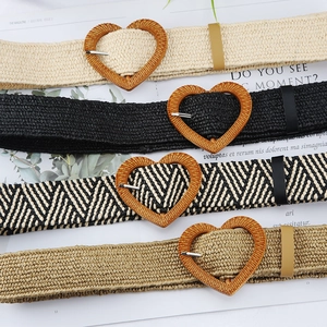 Straw woven belts with heart buckles in beige black and khaki for bohemian dresses