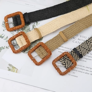 Bohemian straw woven belts with resin square buckles in four neutral colors for dresses