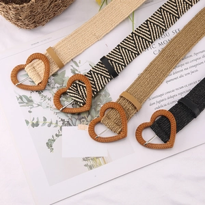 Straw woven waist belts with heart wooden buckles in beige black and khaki colors