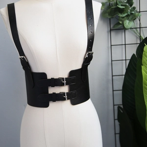 Ceinture corset punk noire en cuir PU avec doubles bretelles et boucles argentées
