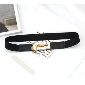 Damen Vintage Elastikgürtel in Schwarz mit elegantem goldfarbenem Drehverschluss und Kette