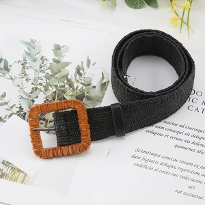 Bohemian woven straw belt with black textured strap and brown square buckle for dresses