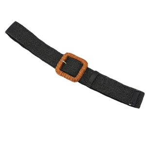 Bohemian black woven straw waist belt with a vintage square buckle for women's dresses
