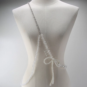 Fashion crystal pearl body chain with oversized bow accessory for dresses and shirts