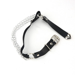 Punk black leather leg garter with silver metal double chains and heart charm