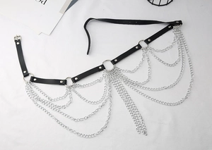 Ceinture de corps en cuir PU noir avec chaînes en métal argenté multicouches