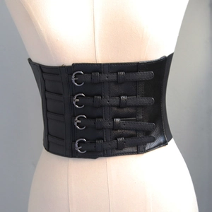 Ceinture Corset Large Élastique en Cuir PU Style Punk pour Femme Serre-taille Noir Avec Quatre Boucles Métalliques pour Robe Accessoires Mode