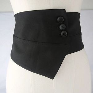 Cintura a Corsetto Larga Asimmetrica da Donna Elastica in Tessuto Nero Con Tre Bottoni Decorativi Sigillo in Vita per Abito Completo
