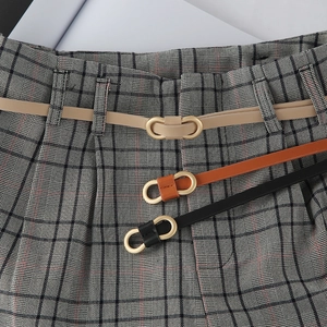 Women Minimalist PU Leather Thin Belt With Gold Oval Buckle For Dresses Suits Adjustable Waist Belt Fashion Accessory