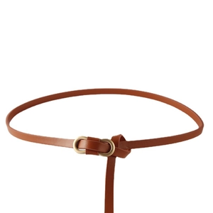 Slim brown leather belt with golden oval metal buckle for women's dresses and suits