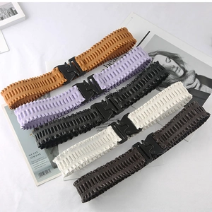 Elegant Women Elastic Waist Seal Artificial Leather Pleated Cinch Belt Plastic Buckle Decorative Waistband Dresses Coats