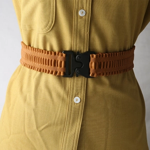Elastic waist belt with tactical buckle for dresses, brown stretchy woven band style