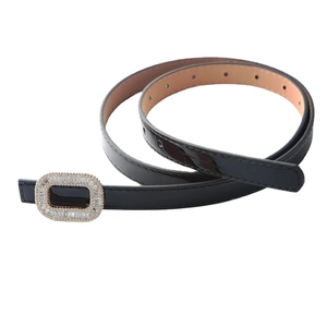 Slim black rhinestone belt for dresses, glossy leather strap with sparkling oval buckle