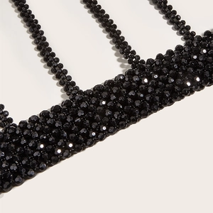 Elegant black beaded waist belt for women, features multi-row faceted glass beads design