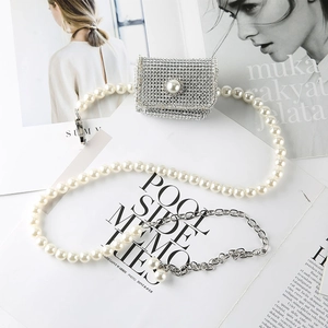 Mini sac élégant en strass argentés avec fermoir perle et bandoulière perles
