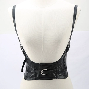 Detail showing the adjustable buckled back and shoulder straps of a black punk corset belt
