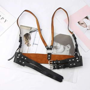 Women Punk PU Leather Body Harness Belt Wide Waist Seal With Adjustable Shoulder Straps Metal Ring Rivet Fashion Corset Belt