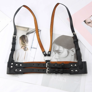 Punk style black PU leather body harness with adjustable shoulder straps and waist belt