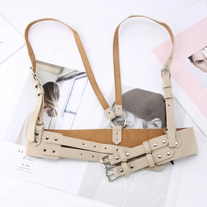 Beige punk style leather body harness belt for women with silver buckles and studs