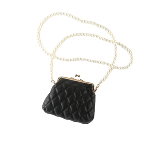 Quilted black leather mini bag with gold kiss-lock clasp and detachable pearl chain strap