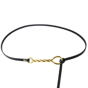 Minimalist black leather skinny belt for women with elegant gold infinity twist buckle