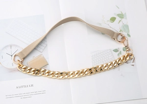 Detail of gold metal chain and khaki fabric strap with circular rings and lobster clasps