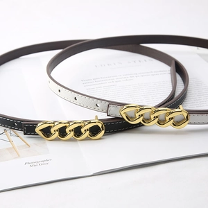 Elegant Women Slim PU Leather Belt With Gold Metal Chain Link Buckle Saffiano Texture Waist Strap For Dresses And Pants