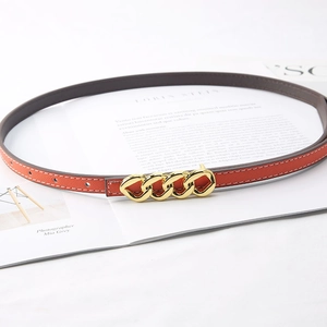 Orange skinny leather belt for women with elegant golden triple-ring chain buckle