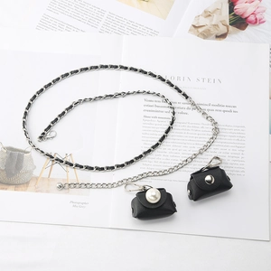 Chic silver metal waist chain belt with black leather weave and mini pearl pouches