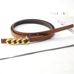 Minimalist brown leather skinny belt with gold chain buckle and white contrast stitching