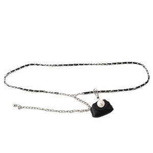 Fashionable metal chain belt with black leather weaving and a mini pearl coin purse