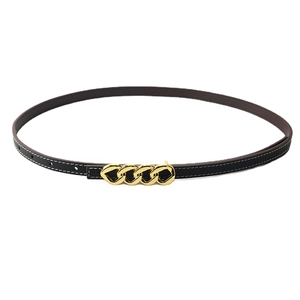 Minimalist black slim belt for women with white stitching and gold chain-link buckle