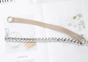 Detail of silver chain strap with khaki webbing and lobster clasp for handbags