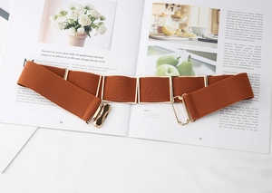 Detail of a brown elastic waist belt with an elegant golden interlocking metal buckle