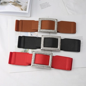 Women Wide Elastic Waist Belt Rhinestone Square Buckle Woolen Corset Belt Elegant Fashion Cinch Belt For Coats Dresses