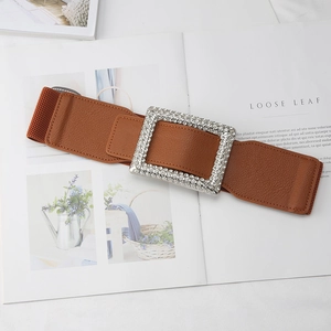 Detail of wide brown elastic belt with large rectangle buckle encrusted with white rhinestones