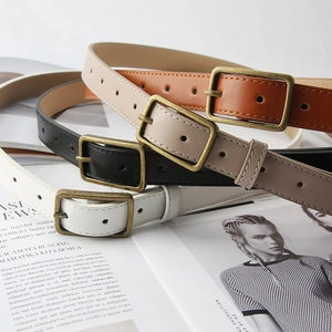 Women's Vintage Skinny PU Leather Belt Retro Minimalist Waist Strap With Antique Gold Rectangular Pin Buckle For Jeans Dress Decorative Accessory