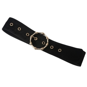 Elegant black velvet wide waist belt featuring a vintage gold bamboo-style round buckle